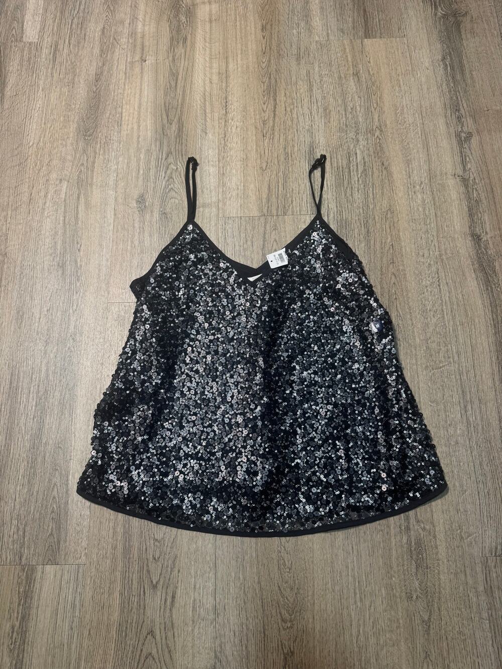 Y2K Abercrombie & Fitch Women's Black Sequin Spaghetti Strap Camisole